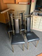 LOT 105: 4 stoelen goudkleurig frame zwart leer, Huis en Inrichting, Ophalen, Gebruikt, Zwart, Leer