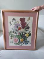 Een grote poster met zwaar houten kader en glas met bloemen, Antiek en Kunst, Ophalen