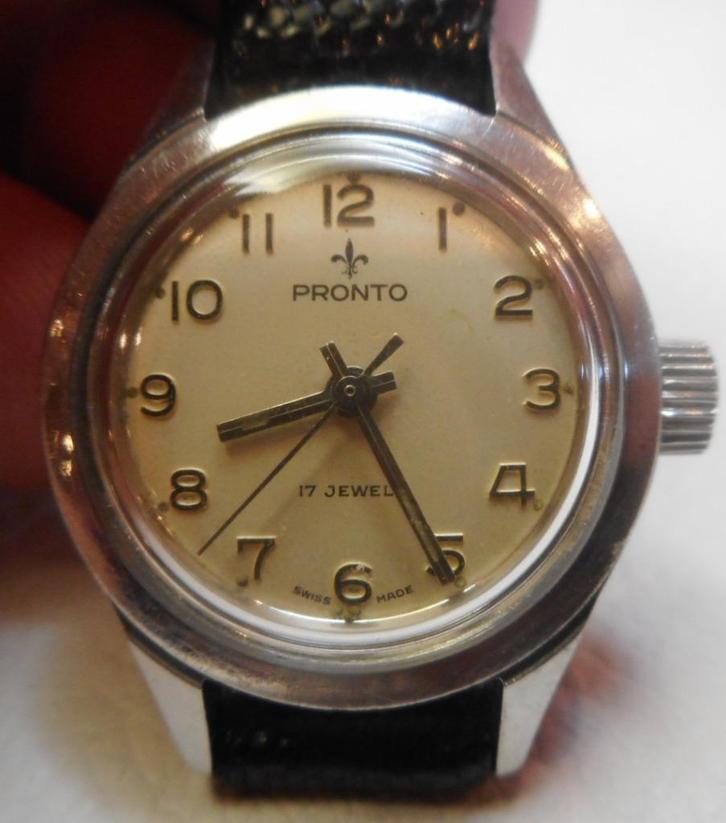 02) Pronto mécanique dame vintage, Handtassen en Accessoires, Horloges | Dames, Gebruikt, Polshorloge, Overige merken, Staal, Leer