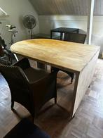 Tafel in rubberwood , poot in inox en 2 stoelen riet, Huis en Inrichting, Tafels | Eettafels, Ophalen