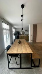 Eiken eettafel inclusief 4 lederen stoelen en bankje, Neuf, Autres essences de bois, 150 à 200 cm, Enlèvement