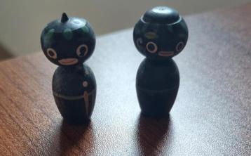 Zeldzaam zwart Omiyage Bobblehead Kokeshi paartje