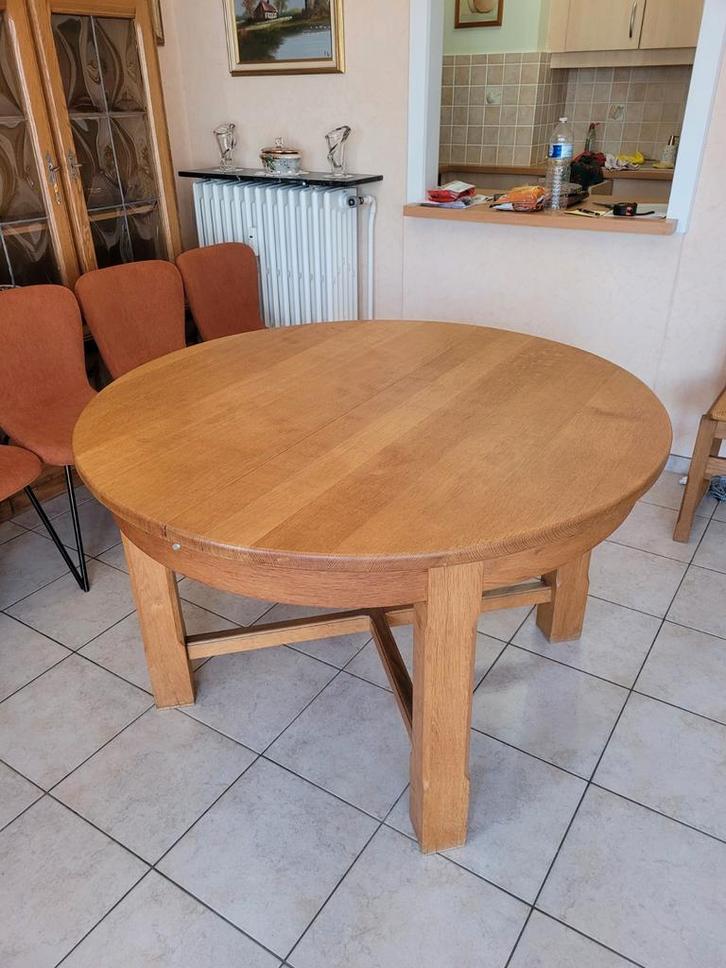 Table en chêne ronde 124cm avec rallonge de 49cm 4 à 8 perso, Maison & Meubles, Salles à manger complètes, Enlèvement