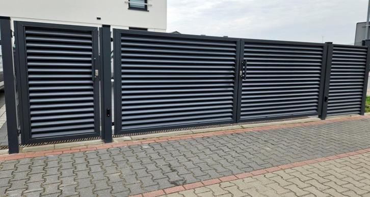 Moderne dichte inrijpoort op voorraad 400x180cm in 2 kleuren, Jardin & Terrasse, Portes de jardin, Neuf, Portail battant, Fer