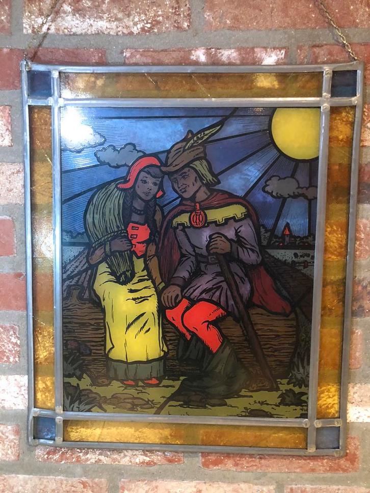 Handgemaakt glas-in-lood-paneel, Tijl en Nele, certificaat, Doe-het-zelf en Bouw, Glas en Ramen, Zo goed als nieuw, Minder dan 80 cm