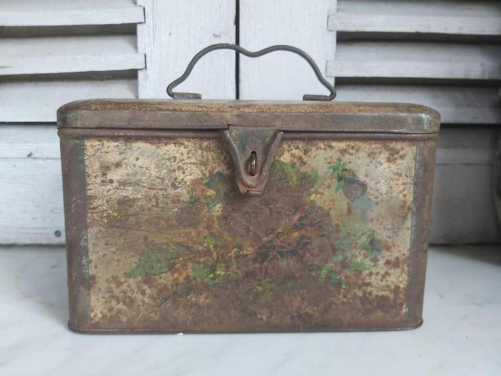 Leuke oude blikken trommel / blik met mooie handvat  en deco, Antiek en Kunst, Curiosa en Brocante, Ophalen of Verzenden