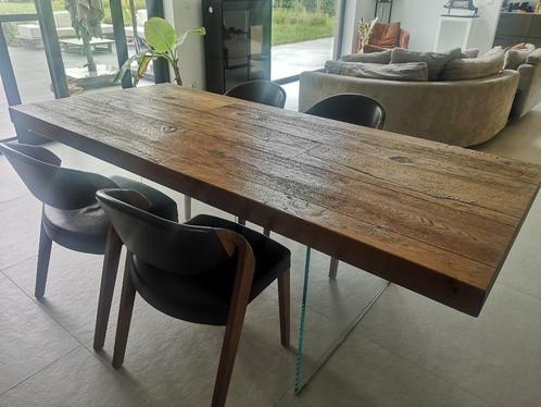 moderne eiken tafel met glazen onderstel, Maison & Meubles, Tables | Tables à manger, Utilisé, 100 à 150 cm, 200 cm ou plus, Cinq personnes ou plus