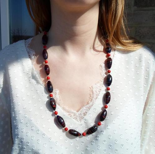 Lange koraal ketting met ambachtelijk glas, gouden rocailles, Handtassen en Accessoires, Kettingen, Nieuw, Steen of Mineraal, Rood