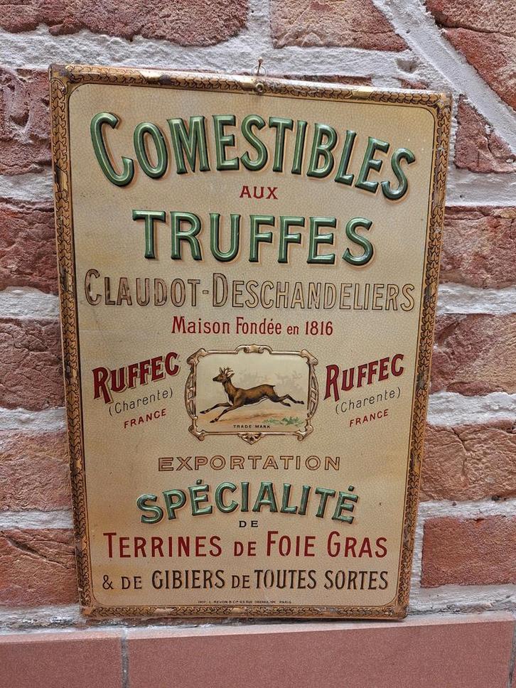 Oud blikken reclame bord Comestibles aux Truffes Ruffec, Verzamelen, Merken en Reclamevoorwerpen, Gebruikt, Reclamebord, Ophalen of Verzenden