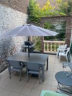 Lot mobilier jardin +BBQ à Gaz (table, chaises, parasol), Ophalen, Zo goed als nieuw