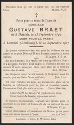 Gesneuvelde 1914-18 Gustave Braet Hasselt - Lommel, Verzamelen, Bidprentjes en Rouwkaarten, Ophalen of Verzenden