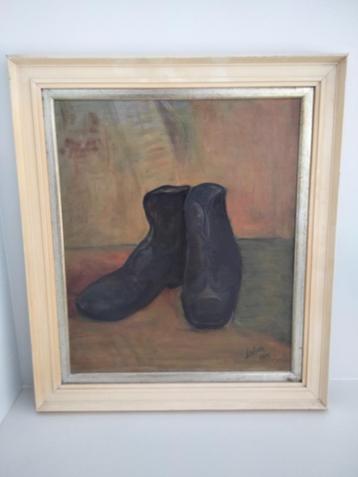 1970s vintage olieverf schilderij paar schoenen beschikbaar voor biedingen