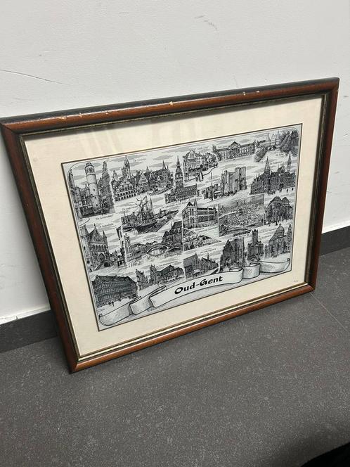 Oud gent schilderij met bekende gebouwen, Antiek en Kunst, Kunst | Tekeningen en Fotografie, Ophalen
