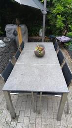 Keramische tuintafel met 6 stapelbare stoelen, Ophalen, Zo goed als nieuw, Rechthoekig, Overige materialen