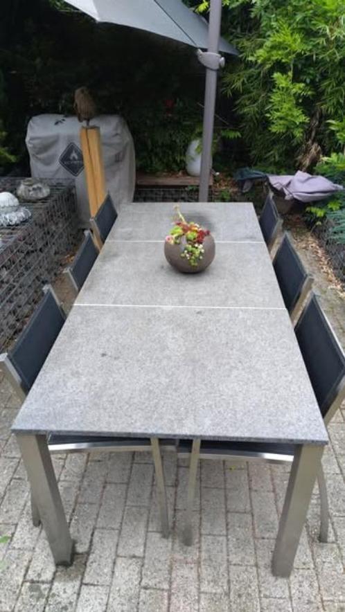 Keramische tuintafel met 6 stapelbare stoelen, Tuin en Terras, Tuintafels, Zo goed als nieuw, Rechthoekig, Overige materialen