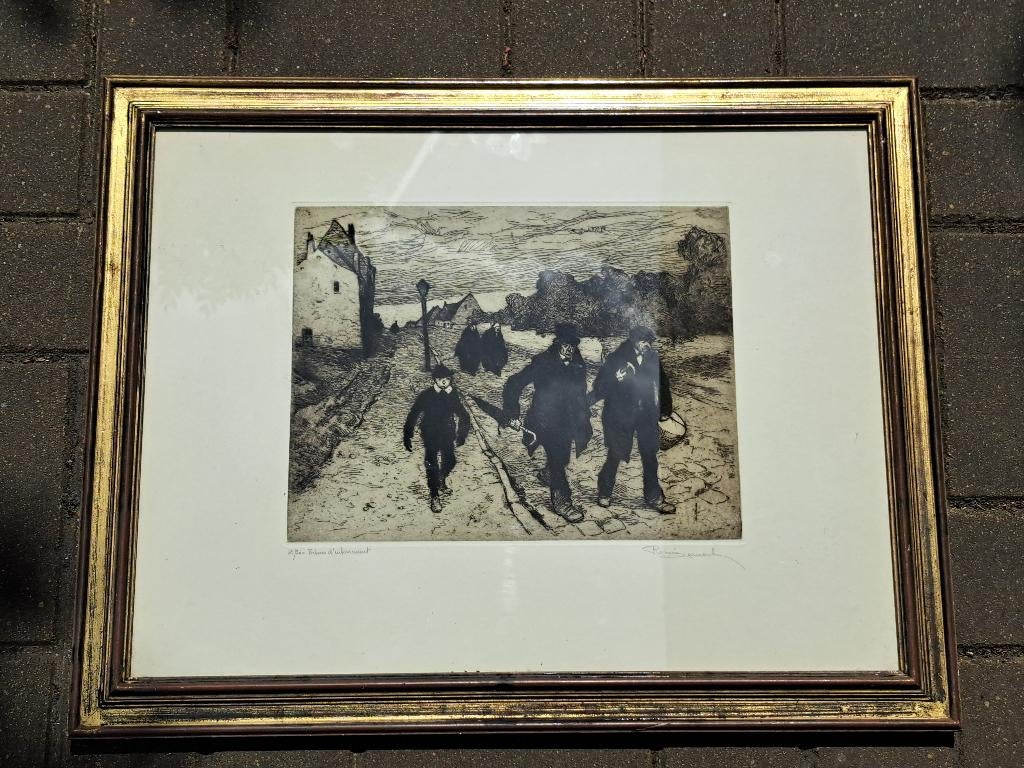 gravure retour enterrement signe Roméo dumoulin, Antiquités & Art, Enlèvement ou Envoi