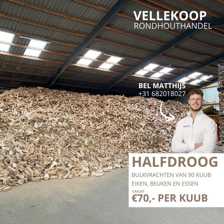 Brandhout HALFDROOG in bulk | vanaf 90 kuub, Tuin en Terras, Brandhout, Blokken, Beukenhout, 6 m³ of meer, Verzenden