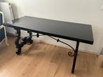 Stijlvolle tafel te koop in hout, smeedijzer & zwart glas, Ophalen, Zo goed als nieuw, Glas
