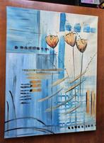 vrolijk schilderij met bloemen geel/blauw ong 70x50cm, Ophalen