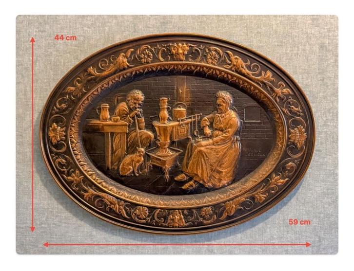 Antieke koperen wandplaat met reliëf, Antiek en Kunst, Antiek | Brons en Koper, Koper, Ophalen of Verzenden