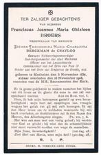 Bp. Broers Franciscus. ° Mechelen 1837 † Mechelen 1908, Verzamelen, Bidprentjes en Rouwkaarten, Ophalen of Verzenden, Bidprentje