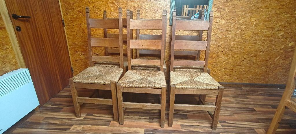 Ensemble de 6 chaises en chêne massif avec passepoil, Enlèvement, Bois, Landelijk, Brun