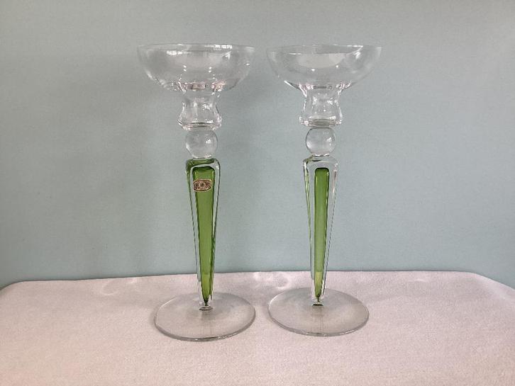 2 bougeoirs Cubic Val Saint Lambert. VSL005/FC., Antiquités & Art, Antiquités | Bougeoirs, Cristal, Enlèvement