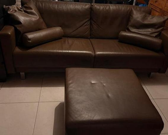 Designer tweezit met poef in zachtbruin kalfsleder, Enlèvement, Comme neuf