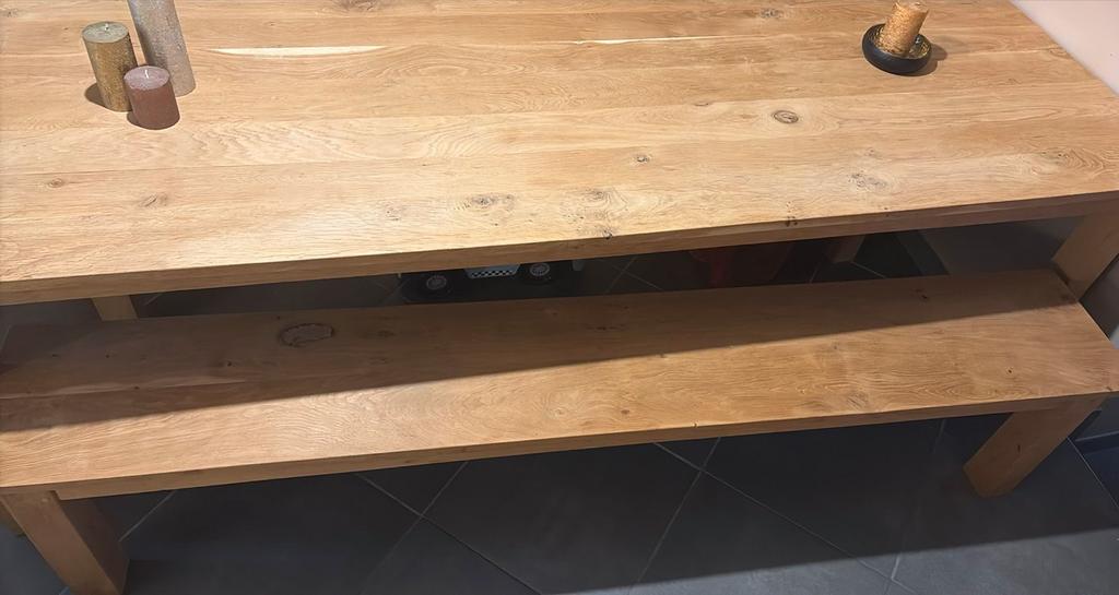 Table en chene et 2 bancs a vendre, Jardin & Terrasse, Enlèvement, Utilisé, Bois