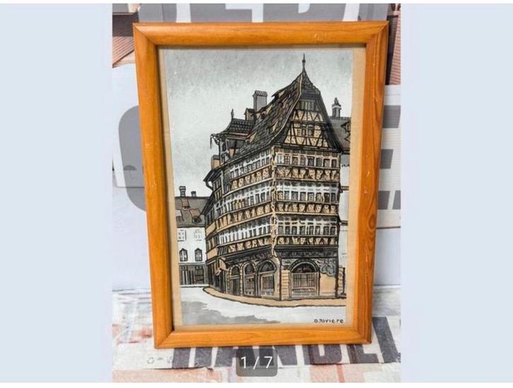 1960 schilderij kunst D. Riviere Maison Kammerzell Frankrijk, Antiek en Kunst, Kunst | Schilderijen | Klassiek, Ophalen of Verzenden