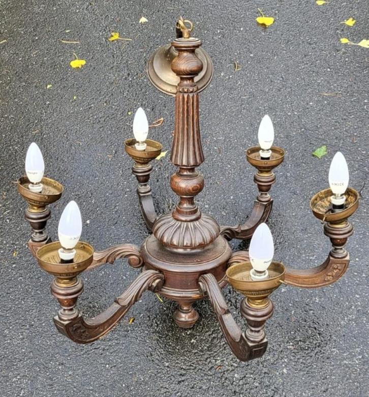 Lustre Vintage 6 bras–bois sculpté & laiton–style classique, Antiek en Kunst, Antiek | Verlichting, Ophalen