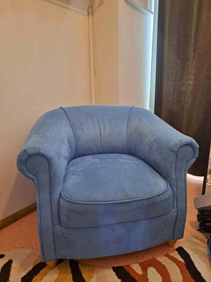 Blauwe eenzit fauteuil, Huis en Inrichting, Fauteuils, Gebruikt, Stof, 75 tot 100 cm, 75 tot 100 cm, Ophalen