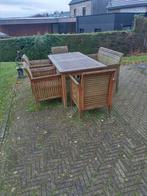 Teakhouten tuinset, tafel met 4 stoelen en 1 bank, Tuin en Terras, Tuinsets en Loungesets, Ophalen, Gebruikt, Bank, 6 zitplaatsen