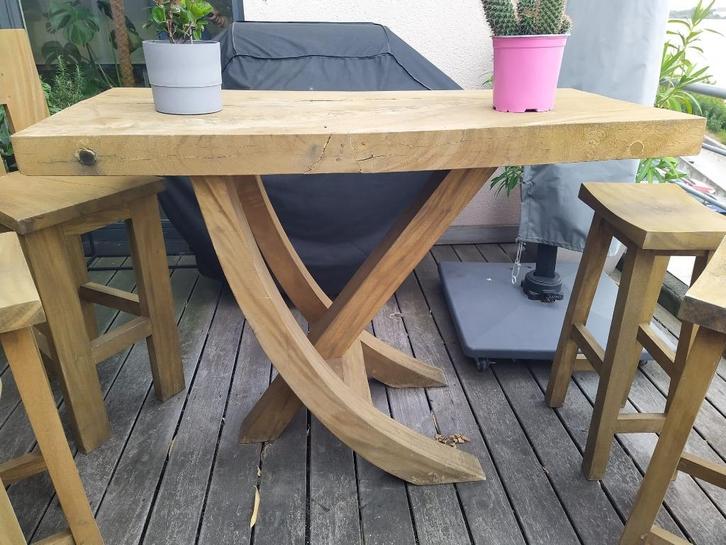 Verhoogde tuintafel/ bar met krukken, Tuin en Terras, Tuintafels, Zo goed als nieuw, Rechthoekig, Teakhout, Ophalen