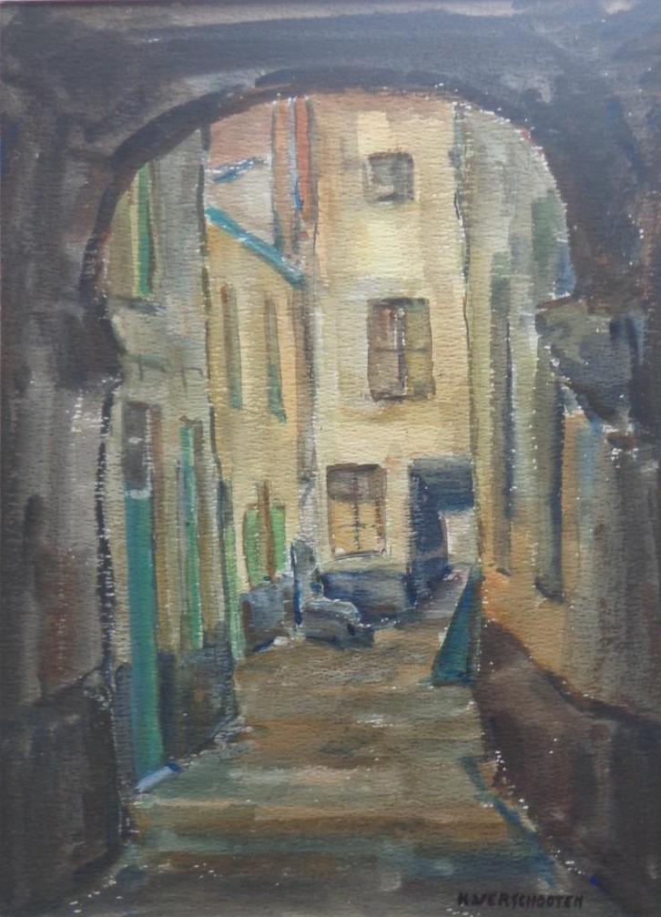 KAREL VERSCHOOTEN / VLAEYKENSGANG / ORIGINEEL / 53x43cm KAD, Antiek en Kunst, Kunst | Tekeningen en Fotografie, Ophalen of Verzenden