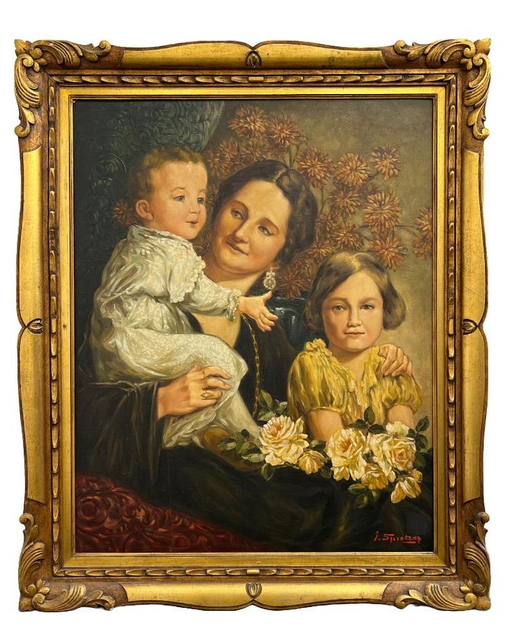 Moeder met kinderen –Olieverf op doek, gesigneerd, Antiek en Kunst, Kunst | Schilderijen | Klassiek, Ophalen of Verzenden