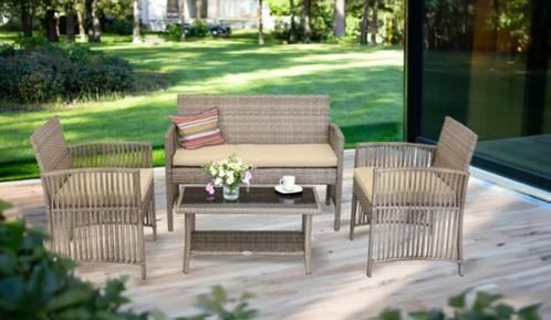 4-delige Loungeset van Rotan, Tuin en Terras, Tuinsets en Loungesets, Nieuw, Loungeset, Rotan, Bank, Bijzettafel, Stoel, Ophalen of Verzenden