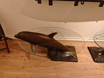 Table basse en bronze – Dauphin – Plateau en verre ovale beschikbaar voor biedingen