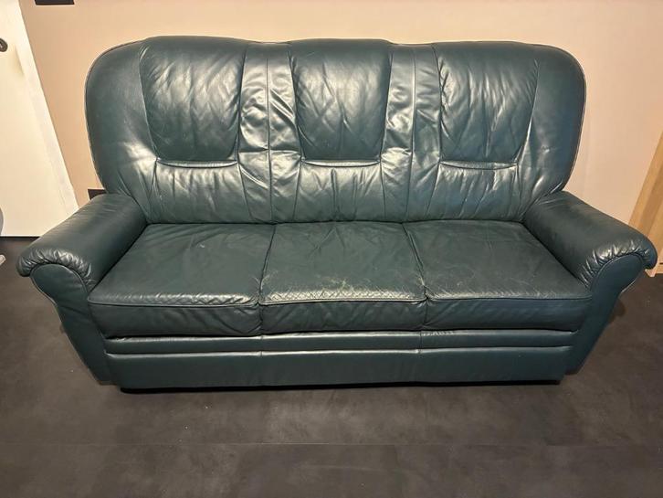 Set groene zetels - driezit, relax, éénzit, Huis en Inrichting, Zetels | Zetels, Gebruikt, Rechte bank, Driepersoons, Minder dan 150 cm