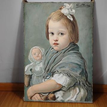 Portret van een kind met baby Alex L. Martin - olieverf op d beschikbaar voor biedingen