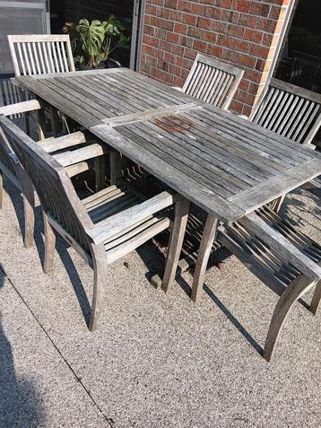 GERSERVEERD Tuinset teak met 6 stoelen merk Bristol, Tuin en Terras, Ophalen, Gebruikt, Teakhout, 8 zitplaatsen