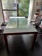 Verstelbare eettafel met glazen plaat, Huis en Inrichting, Ophalen, Gebruikt, 100 tot 150 cm, 200 cm of meer