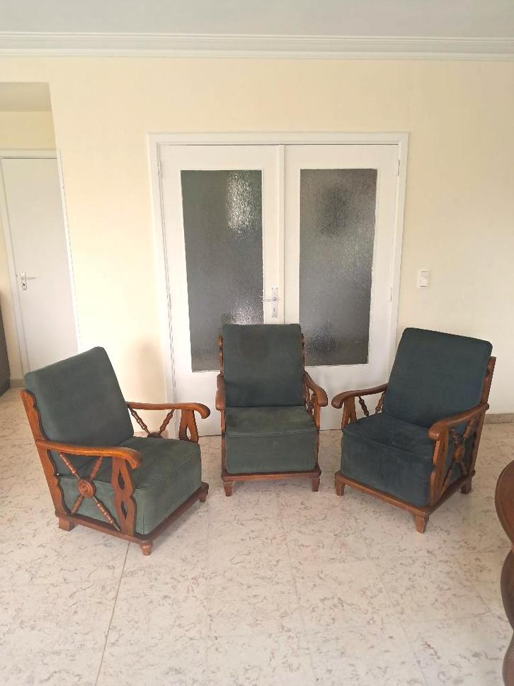 3 Fauteuils Insolites Années 1940-50, Maison & Meubles, Fauteuils, Utilisé, Bois, Tissus, Moins de 50 cm, Moins de 75 cm, Enlèvement