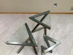 3 bijzettafeltjes in metaal en glas, Minder dan 55 cm, Gebruikt, Glas, Ophalen