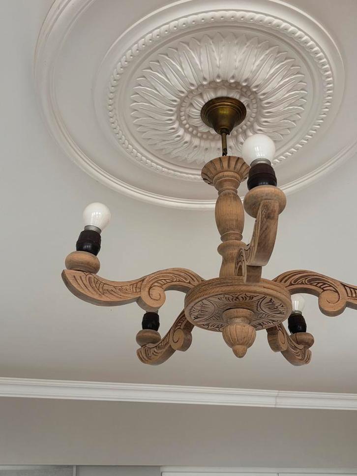 Luchter 5 lichtpunten licht eik, Maison & Meubles, Lampes | Lustres, Comme neuf, Bois, Enlèvement