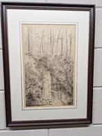 Litho met een beekje in een boslandschap, Ophalen of Verzenden