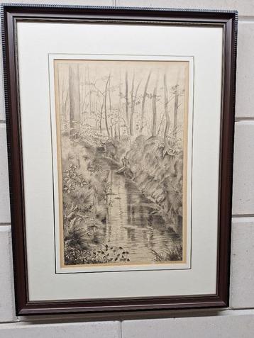 Litho met een beekje in een boslandschap beschikbaar voor biedingen