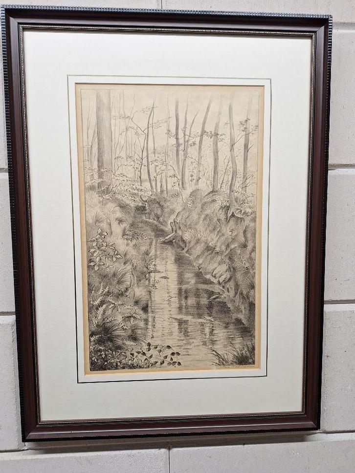 Litho met een beekje in een boslandschap, Antiek en Kunst, Kunst | Litho's en Zeefdrukken, Ophalen of Verzenden