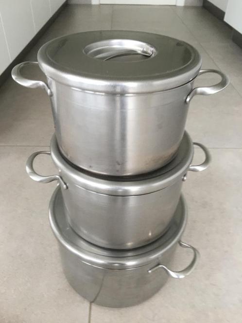 Drie inox kookpotten met dikke bodem, Huis en Inrichting, Keuken | Potten en Pannen, Zo goed als nieuw, Inox, Keramische plaat