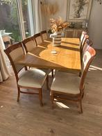 Set van 8 tafelstoelen van hout en nubuck, Huis en Inrichting, Stoelen, Ophalen, Gebruikt, Overige kleuren, Vijf, Zes of meer stoelen